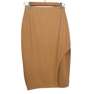Missguided Tan Assymetrical Side Slit‎ Midi Skirt Elastic Waist High Rise Sz 12